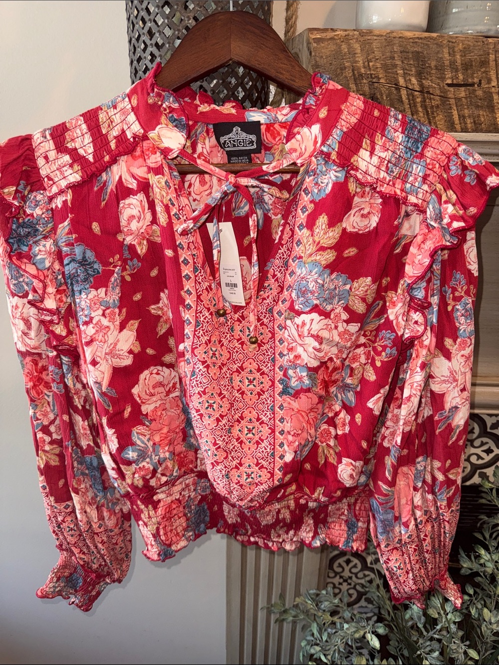 Angie Red Floral Tie-Neck Smocked Peasant Blouse
